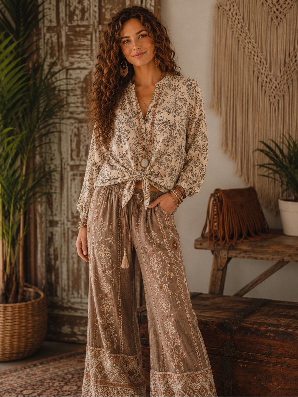 Vioblu Women’s Large Boho Print Henley Blouse Cream & Charcoal Relaxed Fit Size